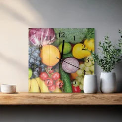Nowoczesny zegar 30x30 Owoce Warzywa cichy mechanizm salon