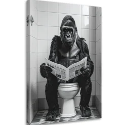 Obraz do łazienki wc, Śmieszna małpa w toalecie gorilla czytająca 20x30