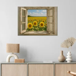 Obraz do salonu jadalni, Widok z okna Pole Słoneczniki Shabby Chic 30x20