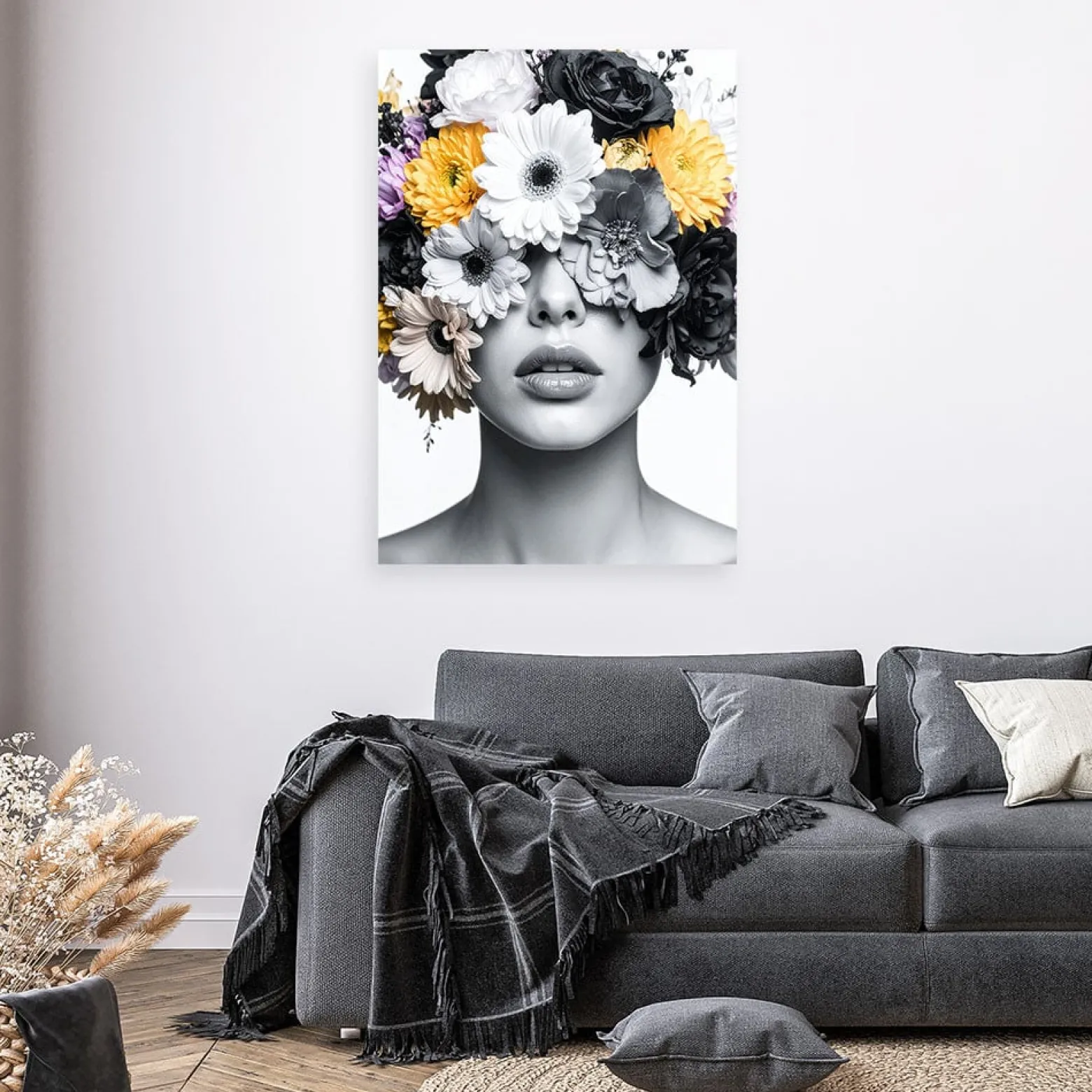 Obraz do salonu sypialni, Portret Kobieta z kwiatami na głowie 20x30