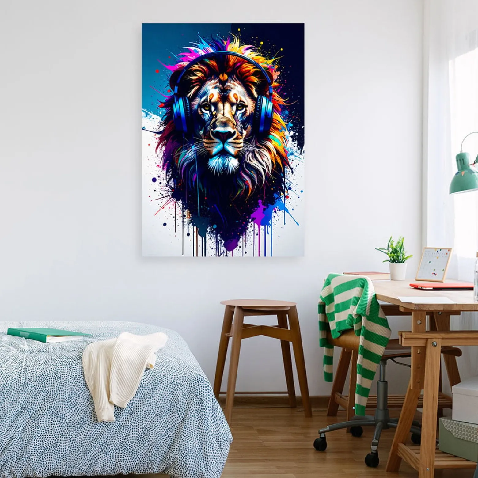 Obraz młodzieżowy, DJ Lew w słuchawkach Muzyka Kolorowy 20x30