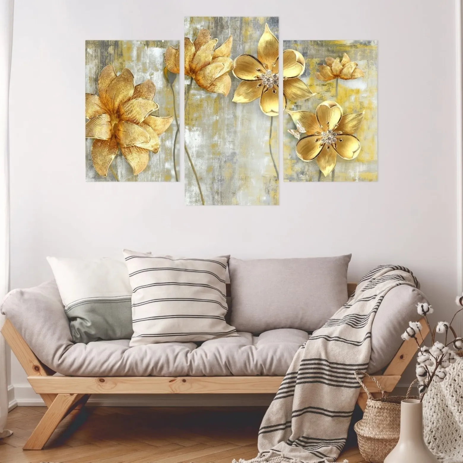 Obraz Tryptyk Beżowe KWIATY Modny Wzór 3D 60x40cm