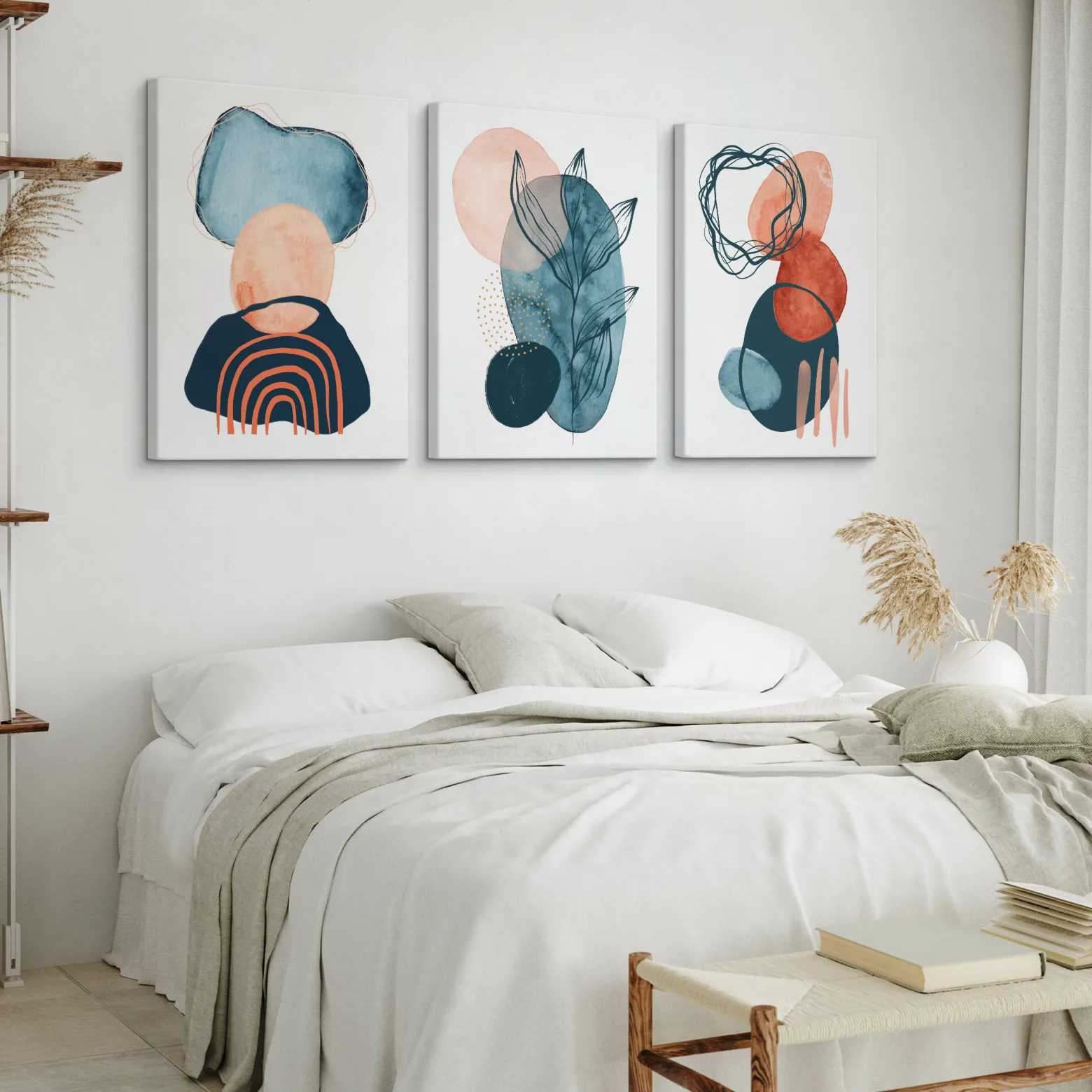 OBRAZY SET AKWARELE ABSTRAKCYJNE KSZTAŁTY BOHO 90x40cm