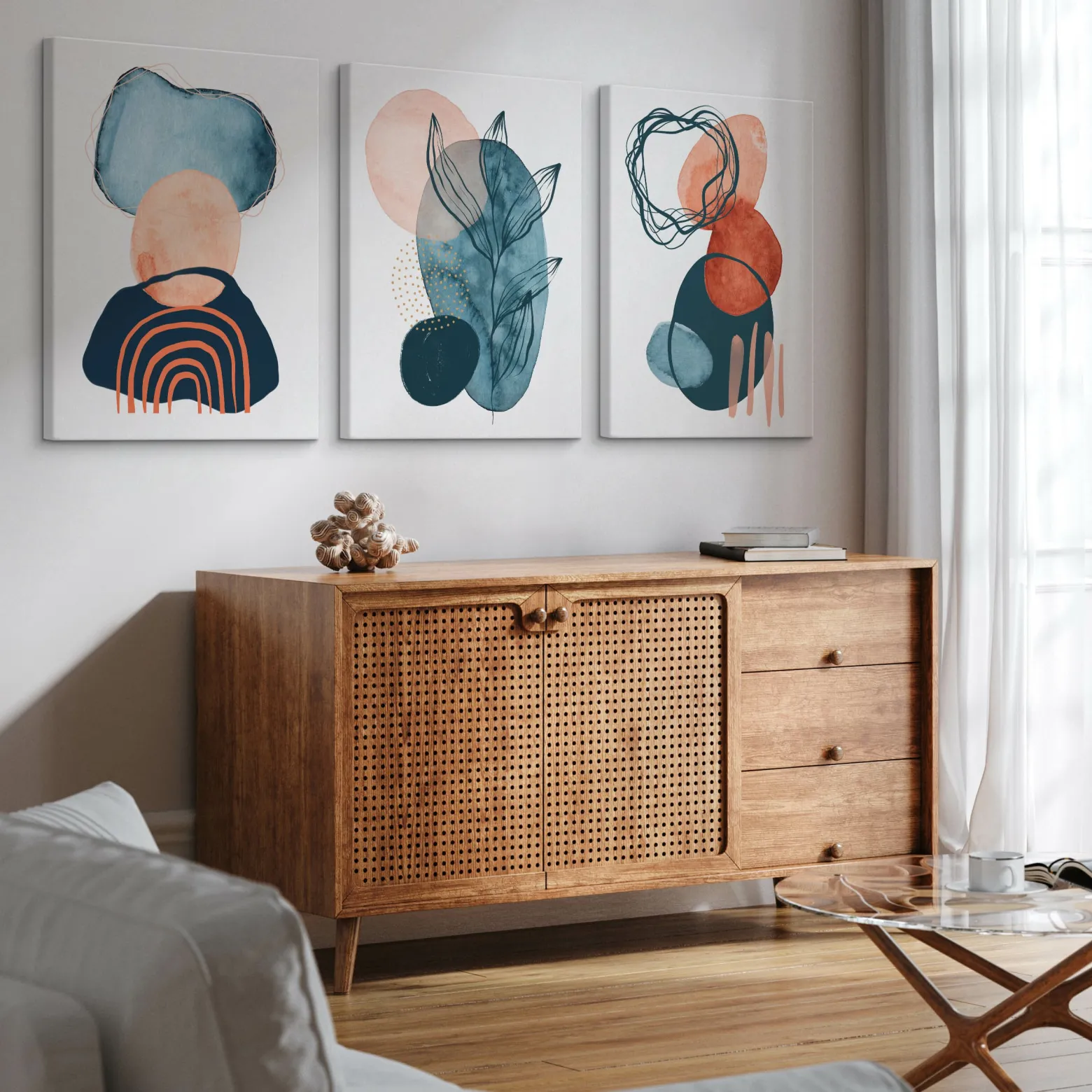 OBRAZY SET AKWARELE ABSTRAKCYJNE KSZTAŁTY BOHO 90x40cm