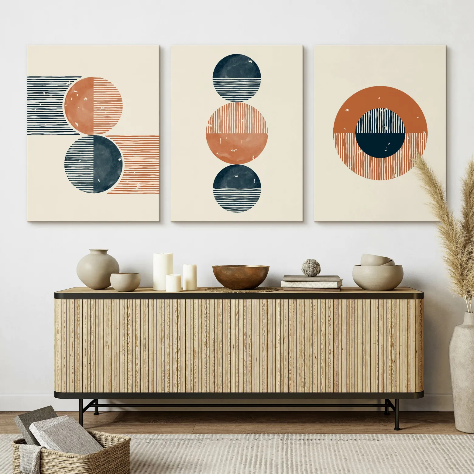 OBRAZY SET ABSTRAKCJA STYL BOHO FIGURY GEOMETRYCZNE 90x40cm