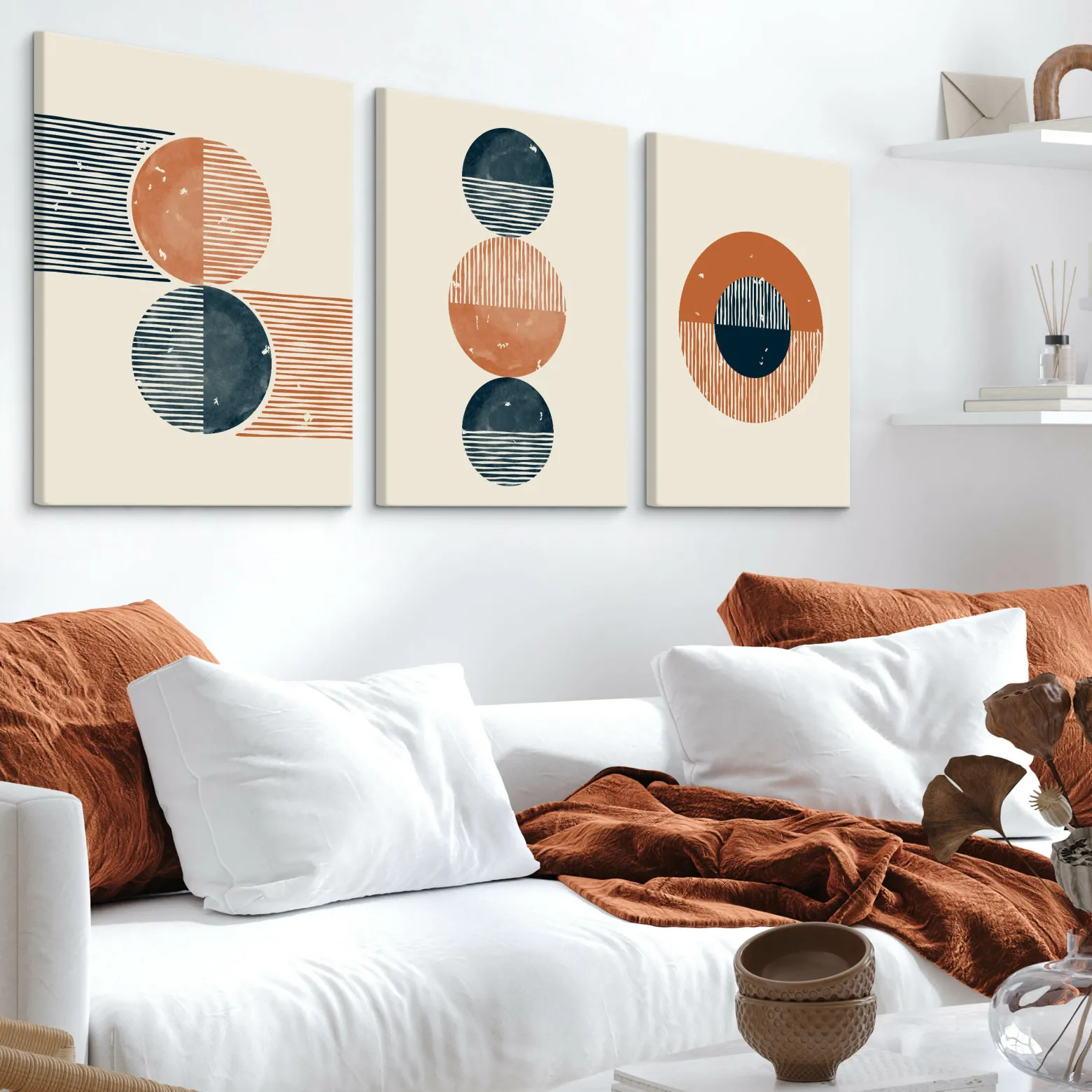OBRAZY SET ABSTRAKCJA STYL BOHO FIGURY GEOMETRYCZNE 90x40cm