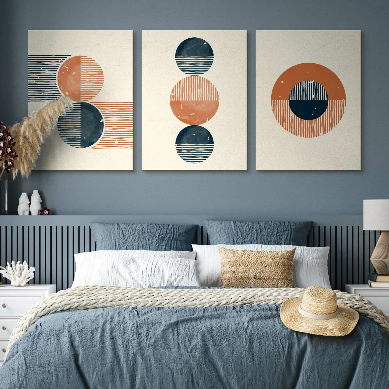 OBRAZY SET ABSTRAKCJA STYL BOHO FIGURY GEOMETRYCZNE 90x40cm