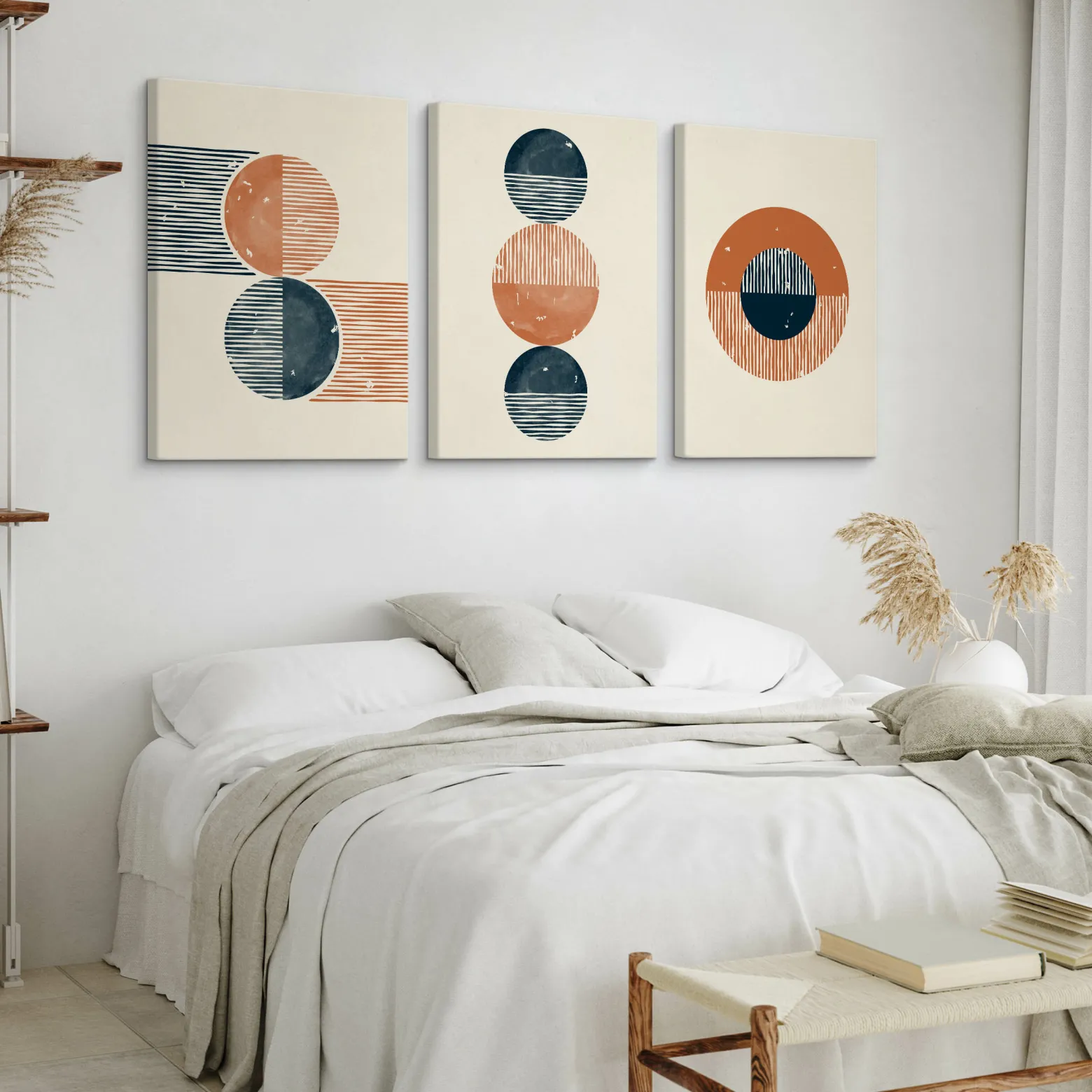 OBRAZY SET ABSTRAKCJA STYL BOHO FIGURY GEOMETRYCZNE 90x40cm
