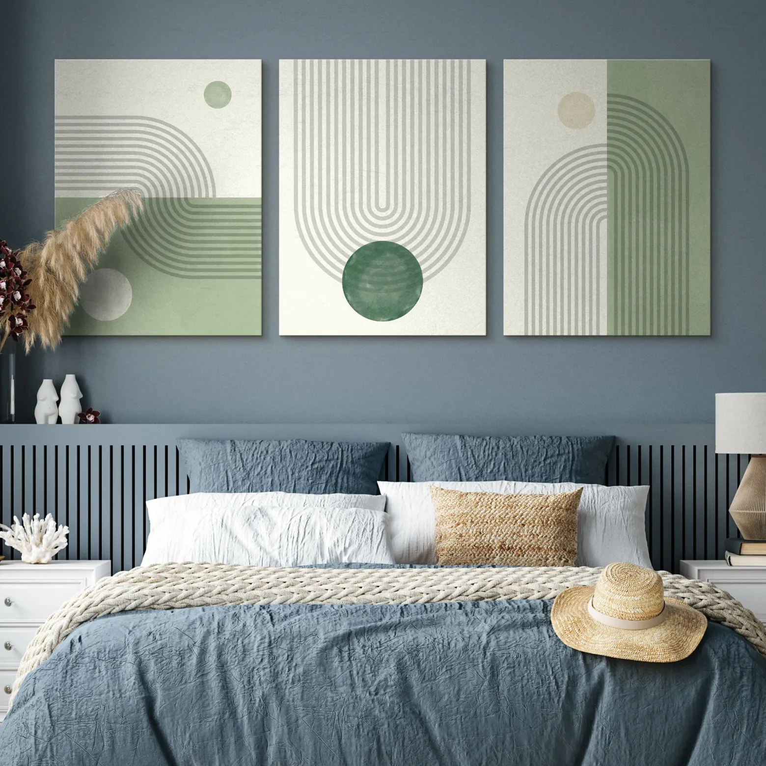 OBRAZY SET ZIELONE WZORY GEOMETRYCZNE ABSTRAKCJA 90x40cm