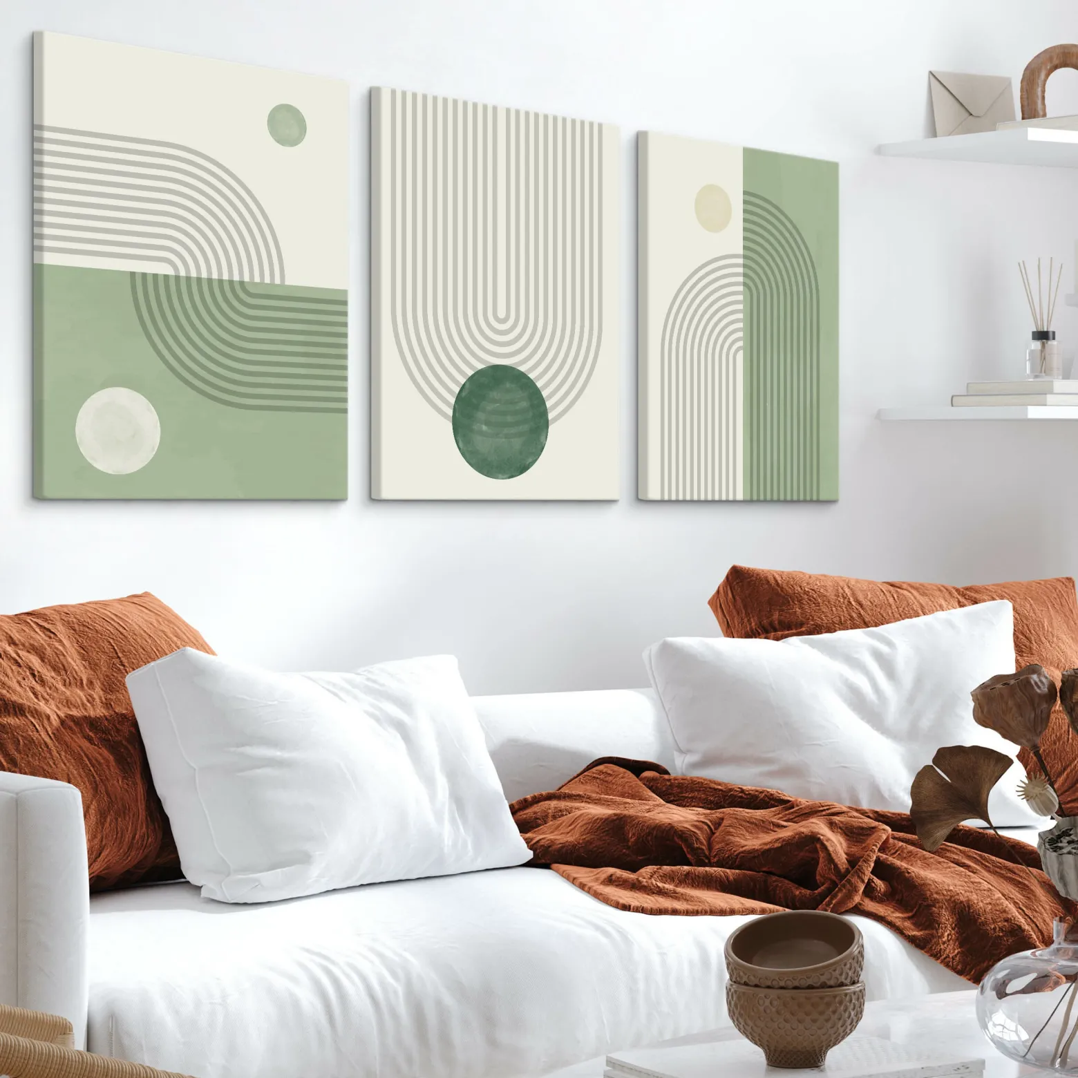 OBRAZY SET ZIELONE WZORY GEOMETRYCZNE ABSTRAKCJA 90x40cm