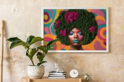 Obraz z mchem - Kobieta z afro 60x40 cm Biała Rama