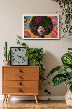 Obraz z mchem - Kobieta z afro 60x40 cm Biała Rama