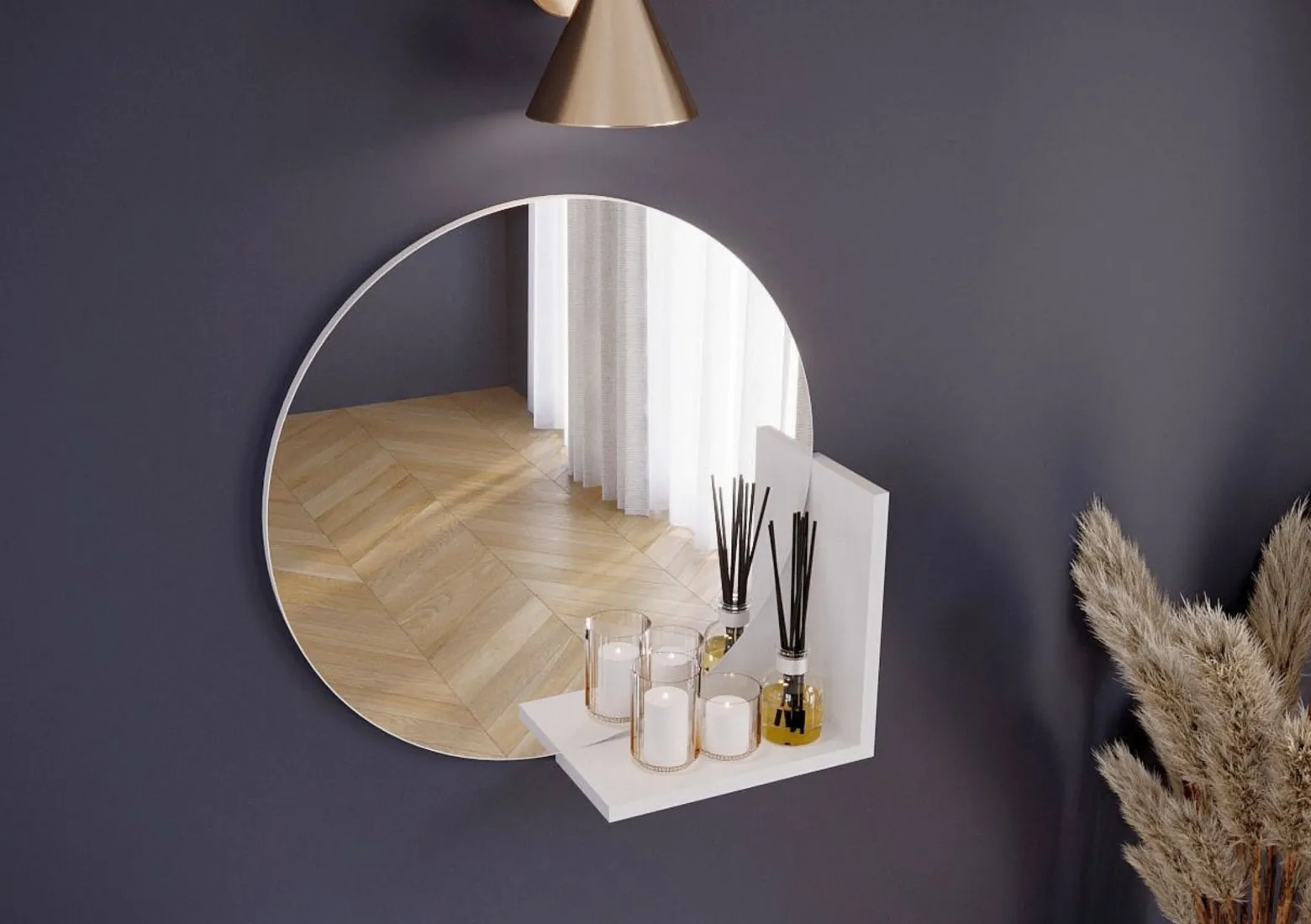 Okrągłe Białe Lustro z półką Lucija / średnica 60 cm