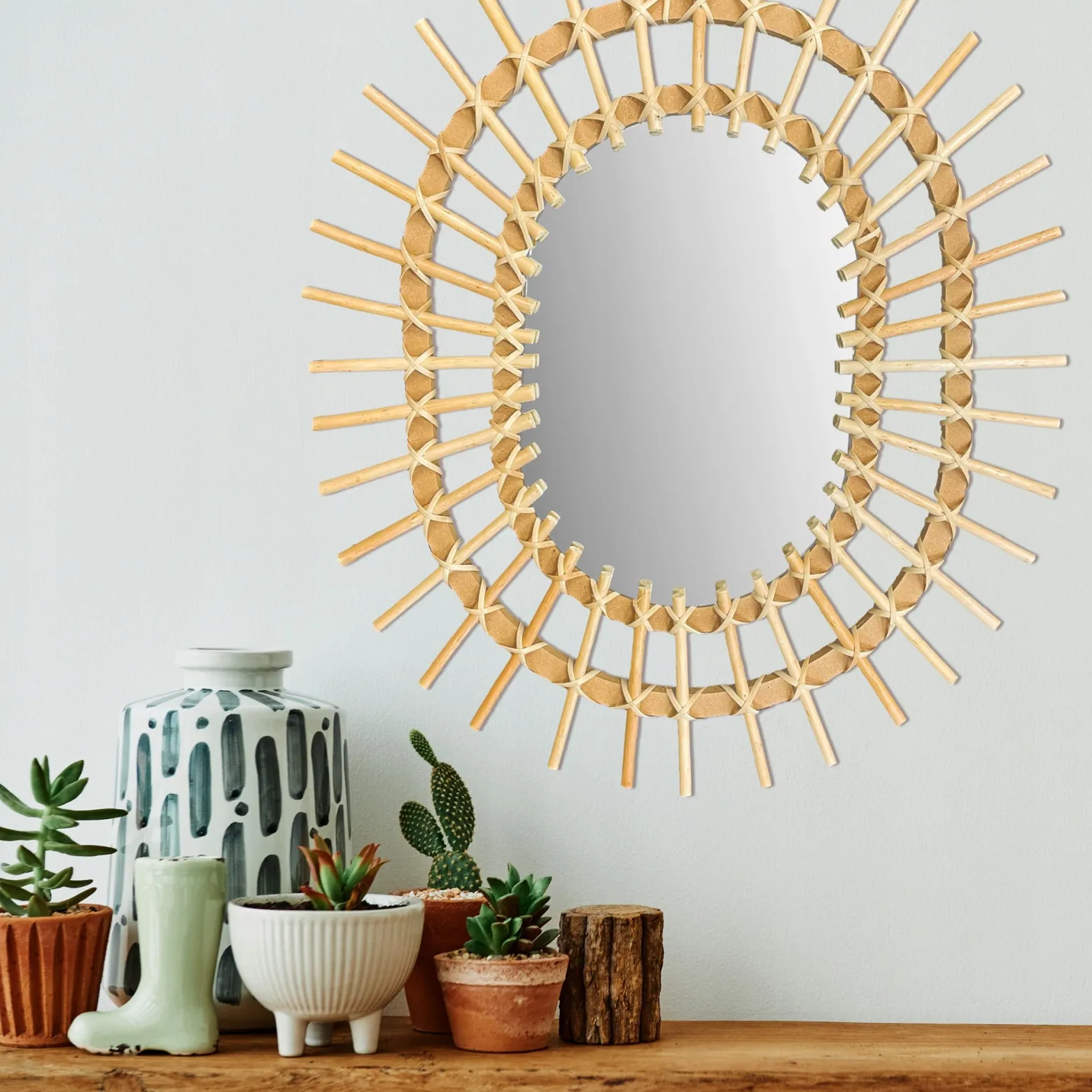 Owalne Lustro Boho Bambus Ścienne 57Cm Naturalne Qdj5749