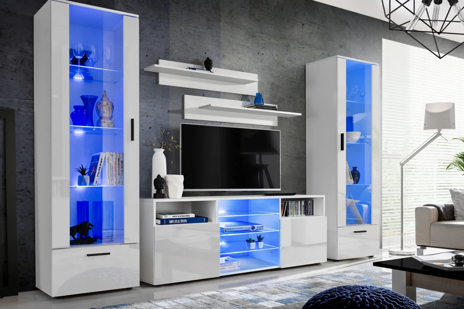 Pan Igiełka Szafka RTV LED Czarny Biały Dąb Wotan Połysk Mat Blue LEDs