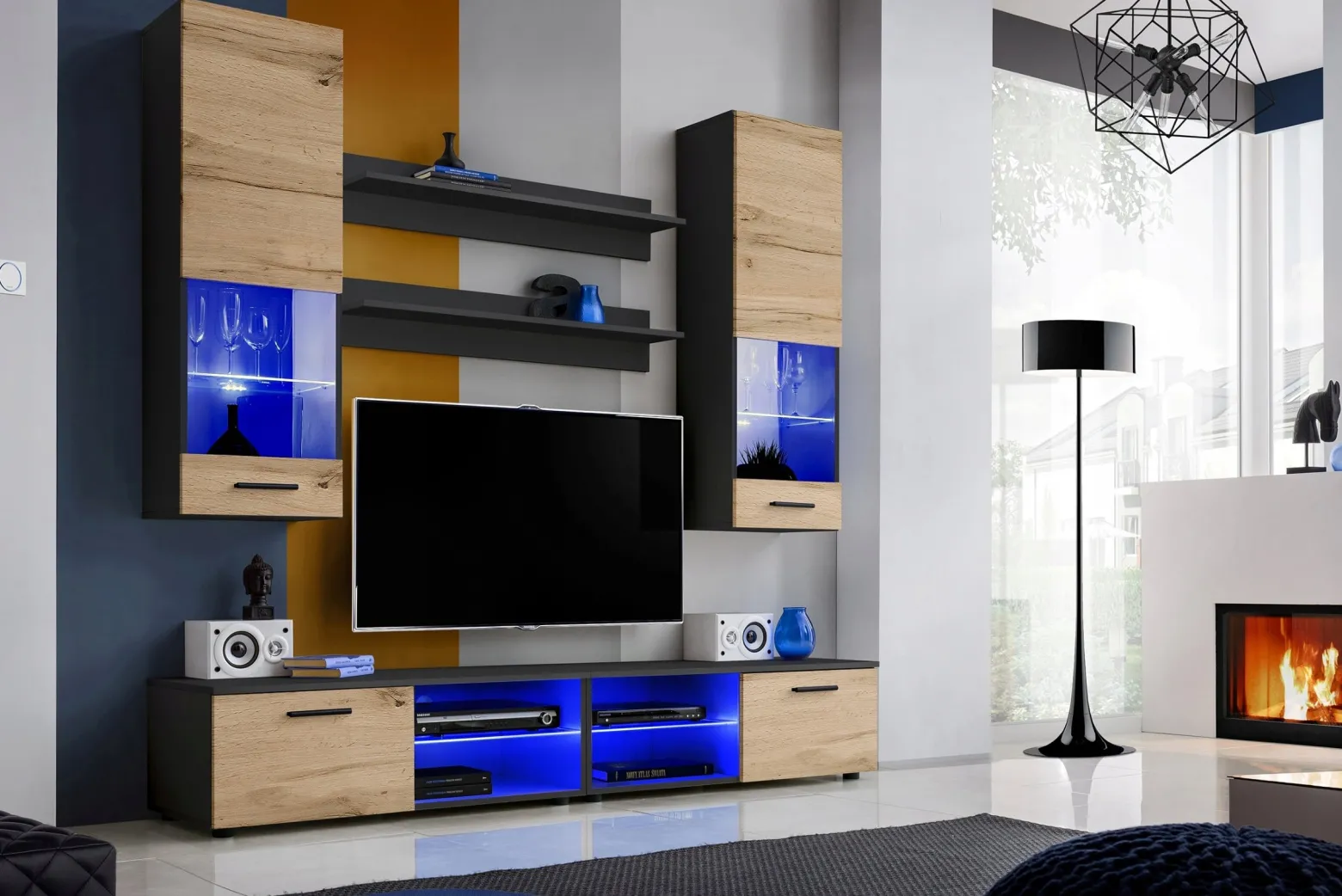 Pan Igiełka - Zestaw Mebli Komplet - Meblościanka RTV z Witrynami LED RGB