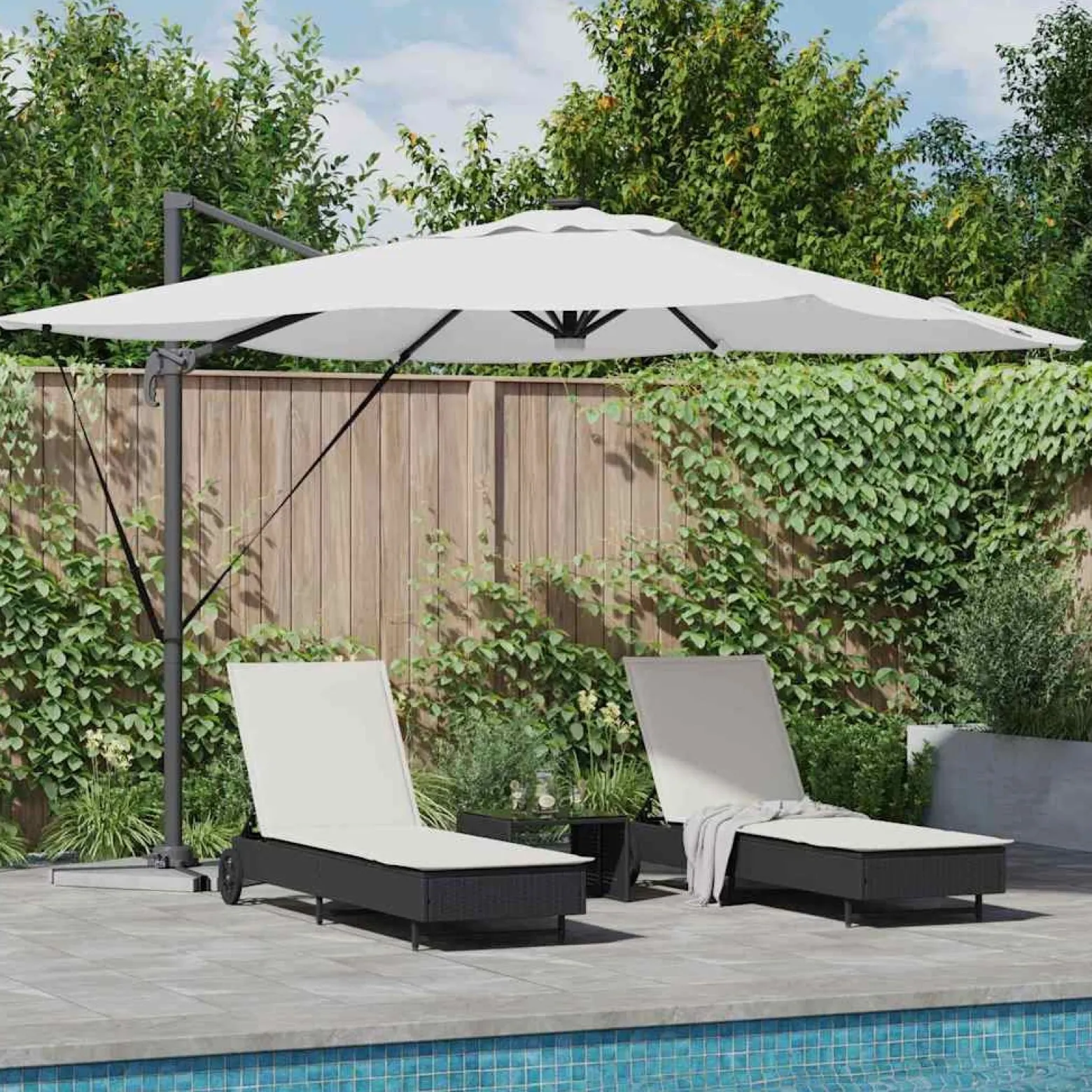 Parasol Ogrodowy Beżowy Składany z Podstawą Na Taras Ogród 286 x 284 x 270