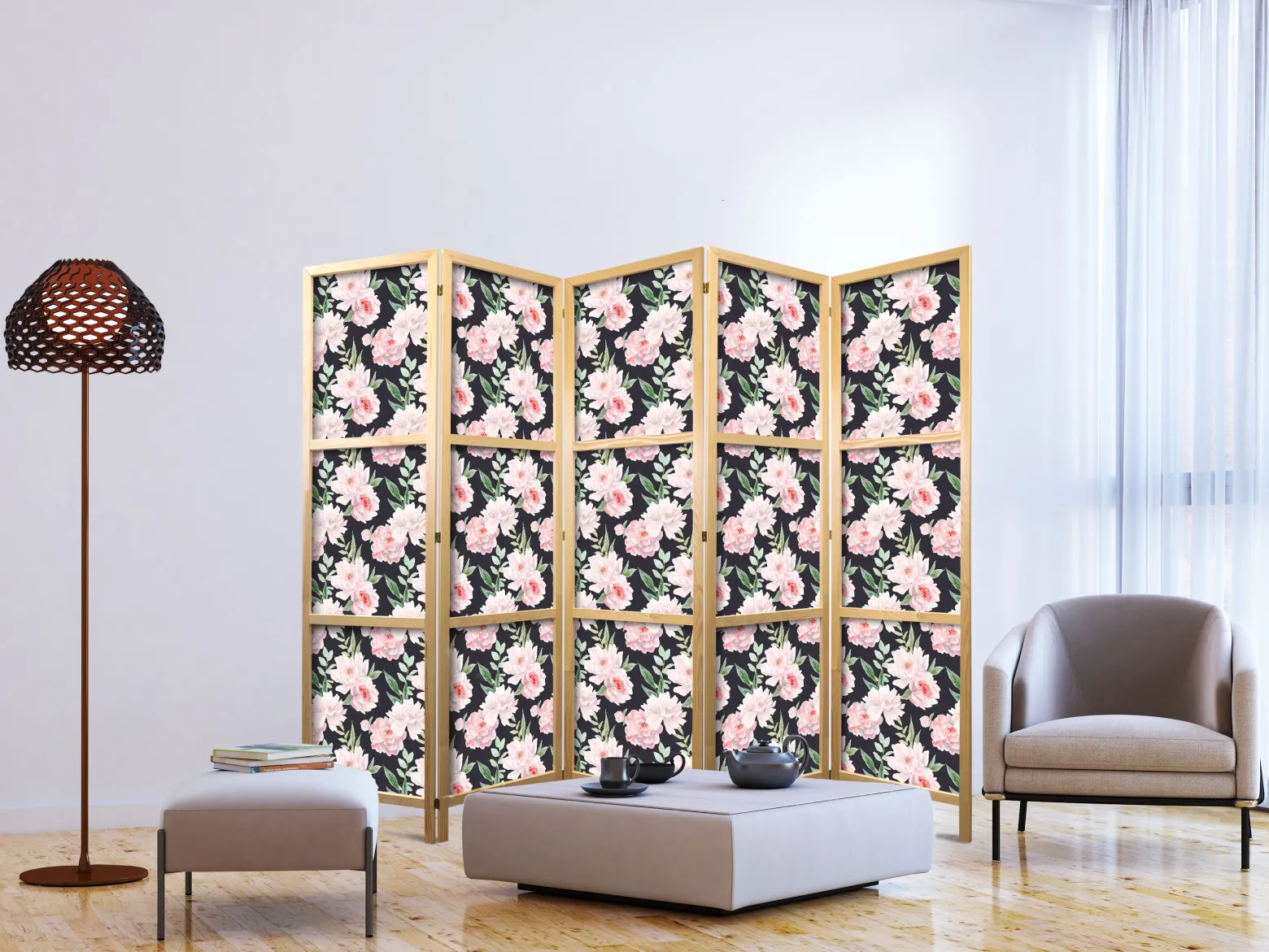 Parawan Japoński 5-panelowy Piwonie 225x172cm