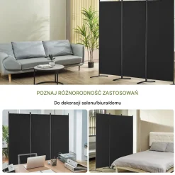 Parawan pokojowy 3-panelowy 228x184cm składany tkanina wolnostojący czarny