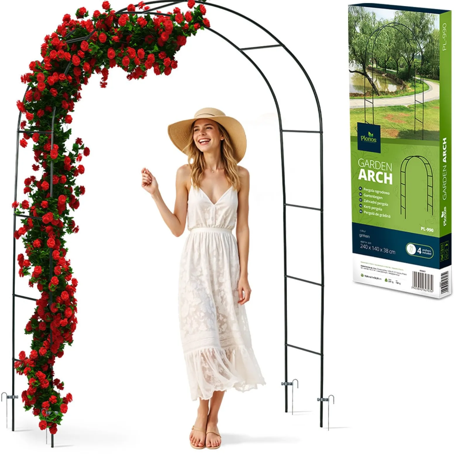 Pergola ogrodowa czarna łuk na kwiaty 240x140cm + kotwy Plonos