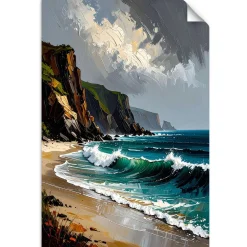 Plakat samoprzylepny do salonu sypialni Feeby Morze Plaża Skały Góry 20x30