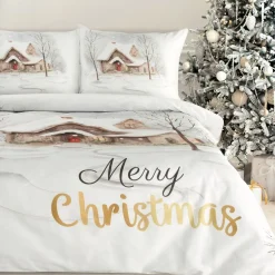 Pościel Świąteczna JOYFUL bawełna biała 140x200 cm napis Marry Christmas