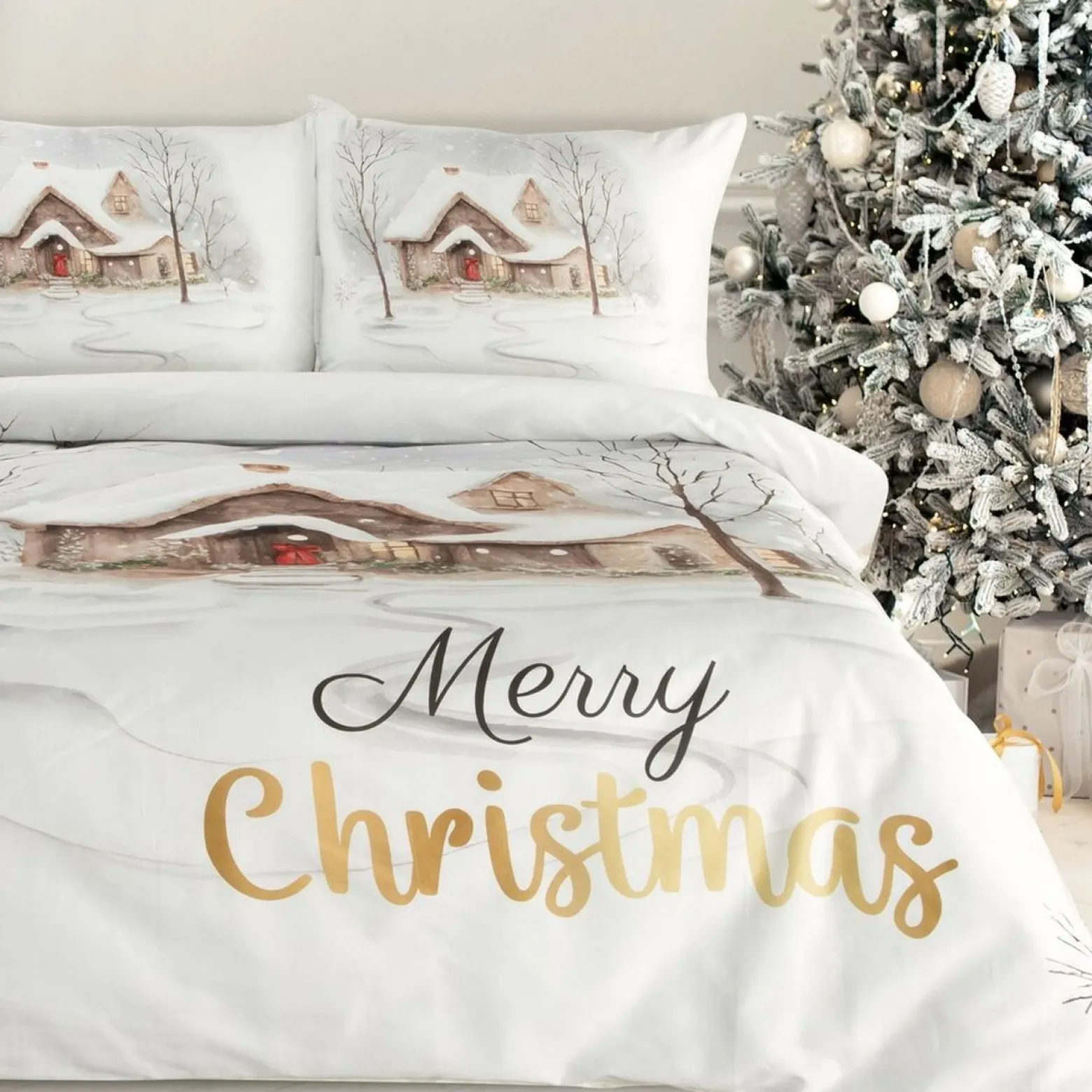 Pościel Świąteczna JOYFUL bawełna biała 140x200 cm napis Marry Christmas