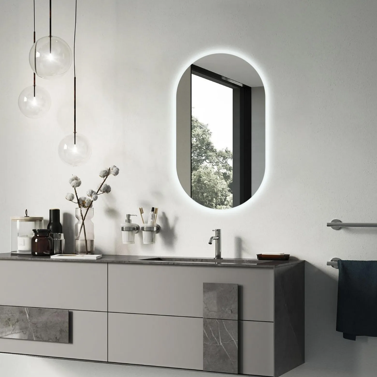 Podłużne Led Lustro Owal Do Sypialni Dekoracyjne 80x46 cm
