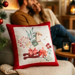 Poduszka NOEL poliester biało-czerwony koń na biegunach