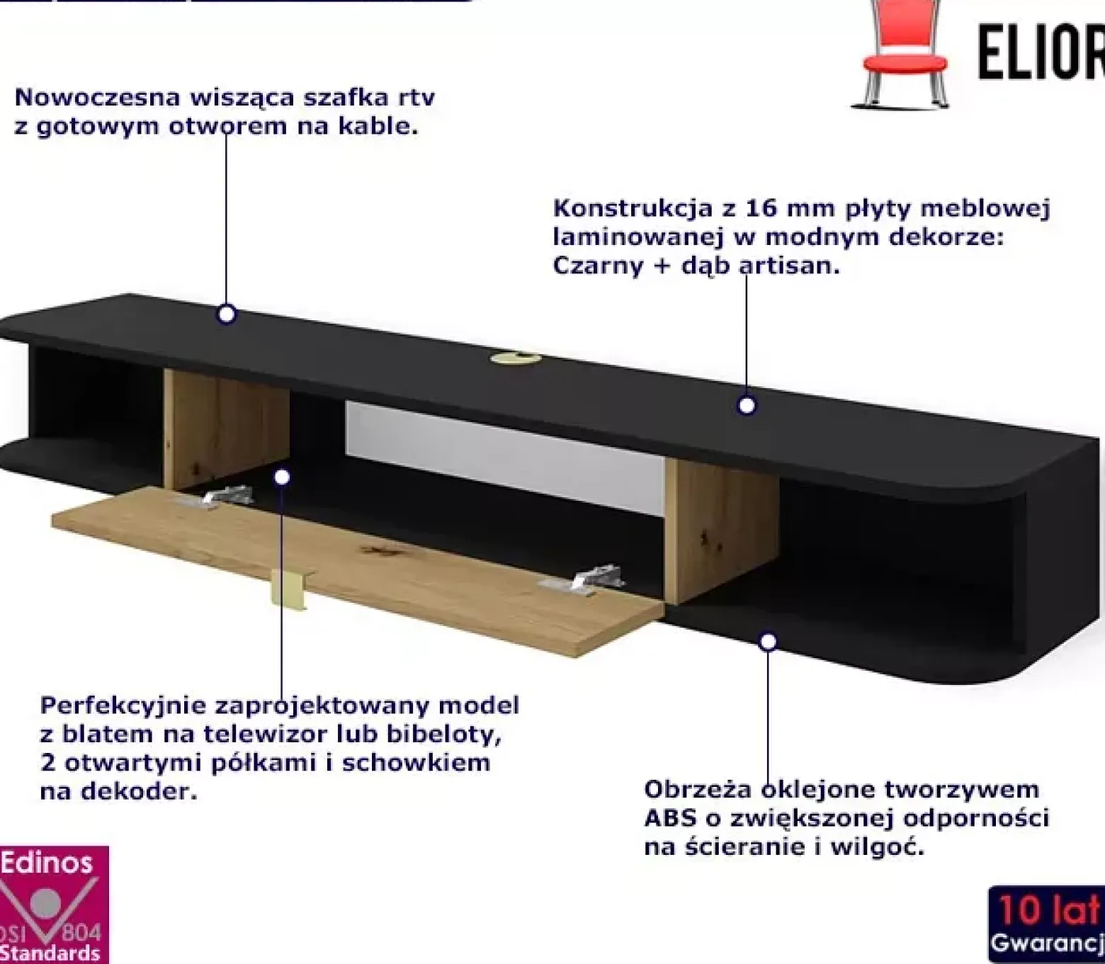 Podwieszana szafka rtv czarny + dąb artisan - Zyren