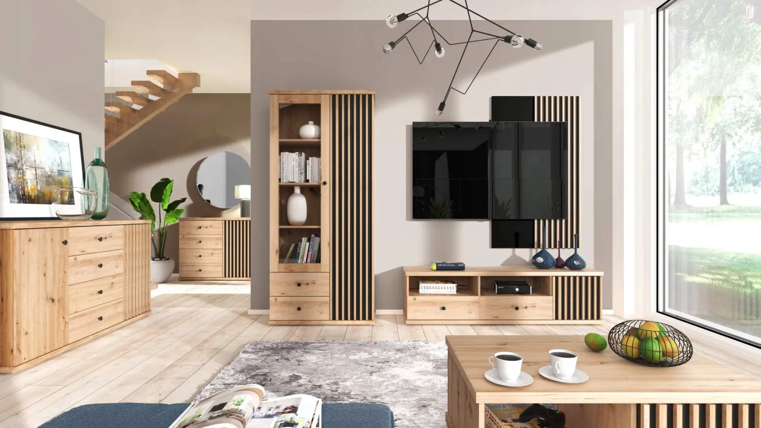 Przedpokój CALI C-25 z lustrem 2 drzwi 2 szuflady lamele dąb artisan