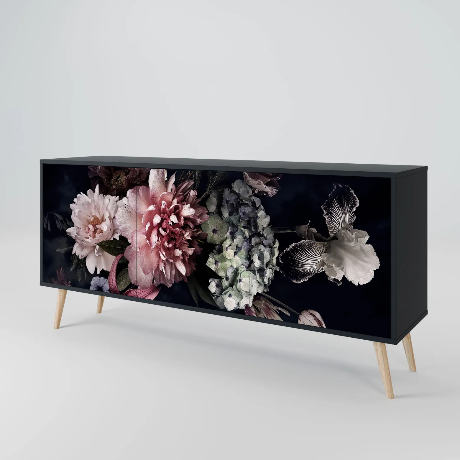 PURE BLOSSOM Komoda 3 drzwi Czarna-Bukowa skośna