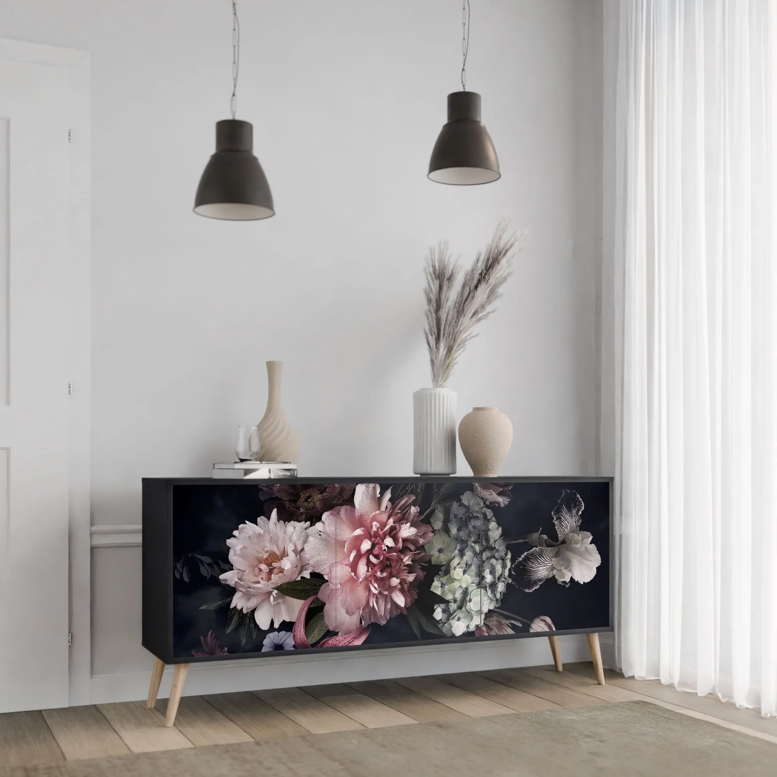 PURE BLOSSOM Komoda 3 drzwi Czarna-Bukowa skośna