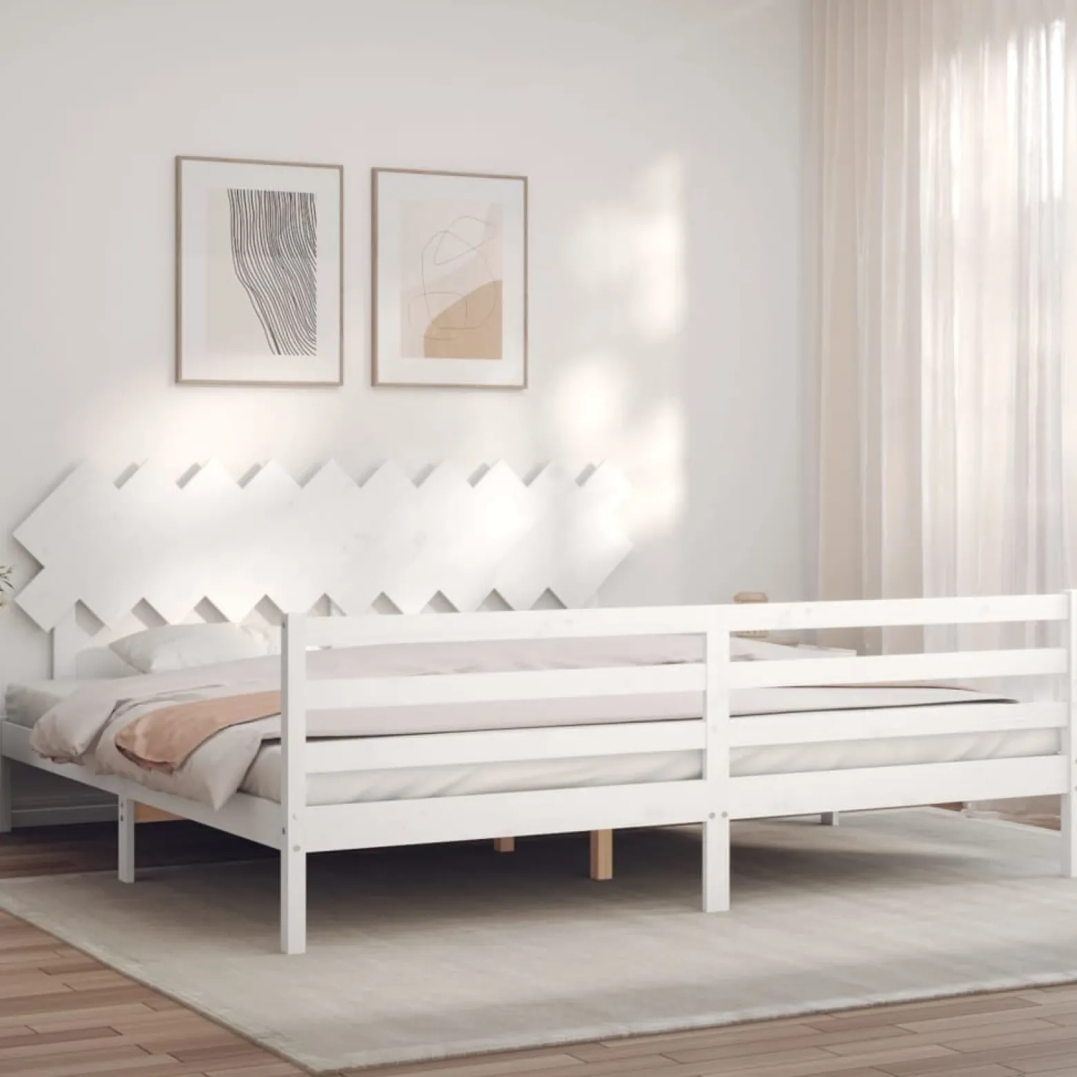 Rama łóżka z wezgłowiem biała 200x200 cm lite drewno