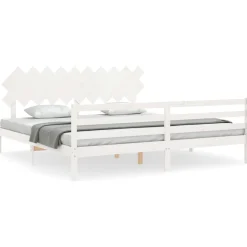 Rama łóżka z wezgłowiem biała 200x200 cm lite drewno