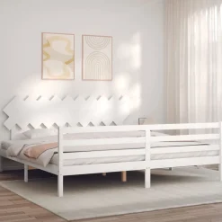 Rama łóżka z wezgłowiem biała 200x200 cm lite drewno