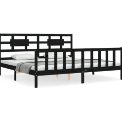 Rama łóżka z wezgłowiem czarna 200x200 cm lite drewno