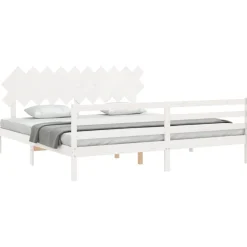 Rama łóżka z wezgłowiem biała 200x200 cm lite drewno