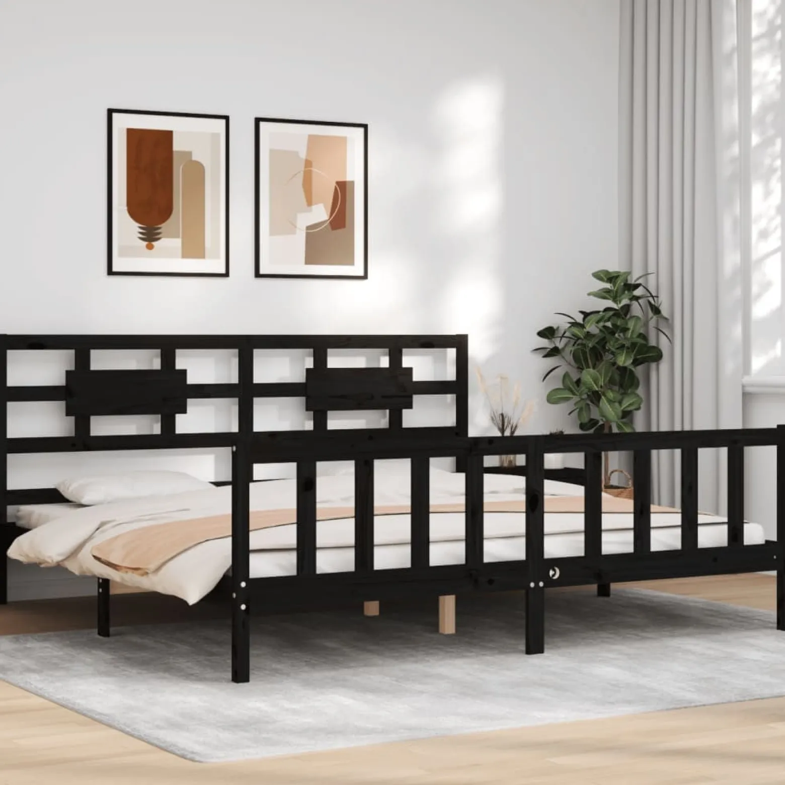 Rama łóżka z wezgłowiem czarna 200x200 cm lite drewno