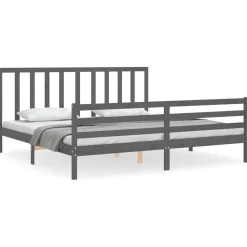 Rama łóżka z wezgłowiem szara 200x200 cm lite drewno