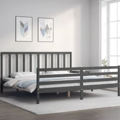 Rama łóżka z wezgłowiem szara 200x200 cm lite drewno