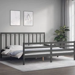 Rama łóżka z wezgłowiem szara 200x200 cm lite drewno