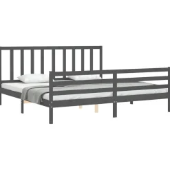 Rama łóżka z wezgłowiem szara 200x200 cm lite drewno