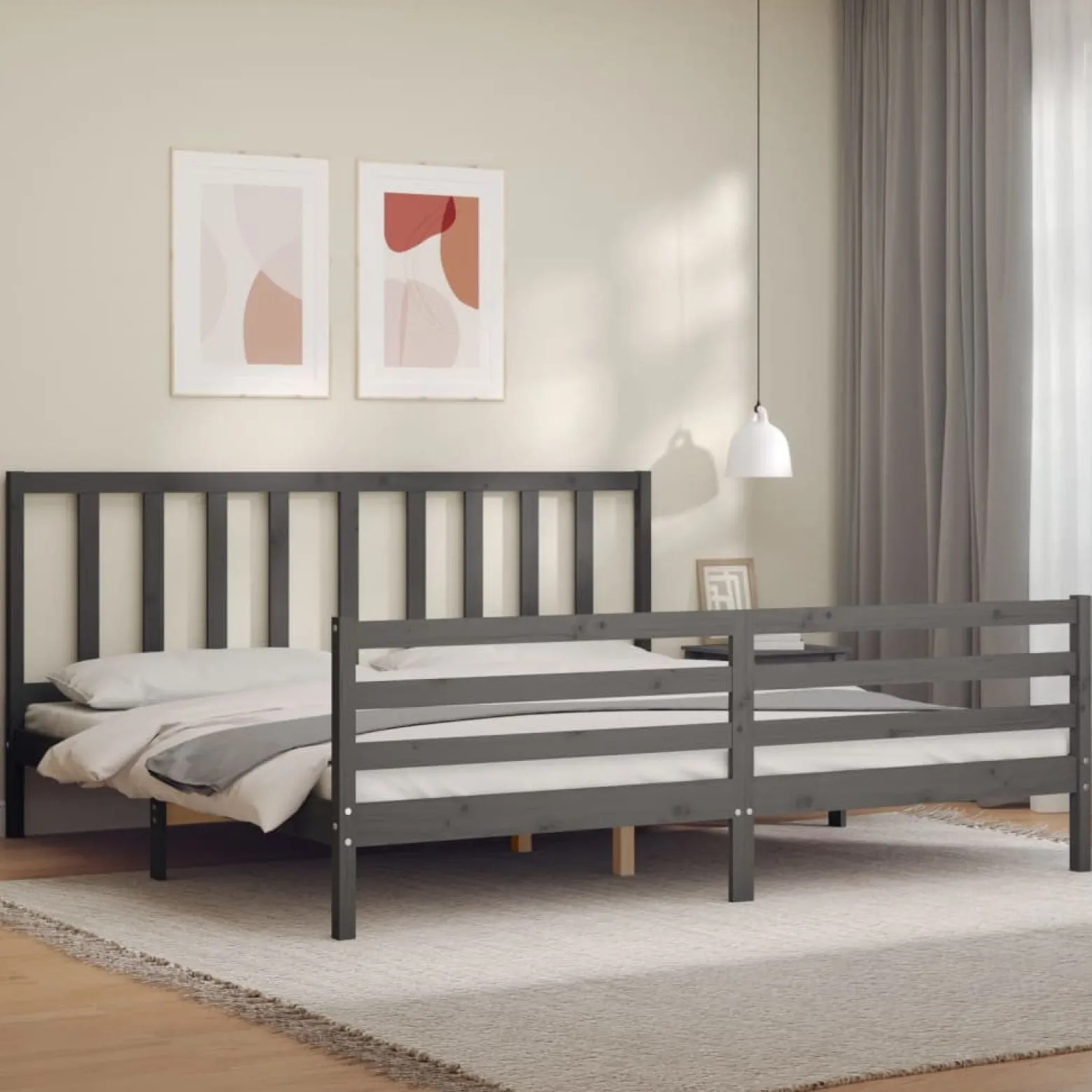 Rama łóżka z wezgłowiem szara 200x200 cm lite drewno