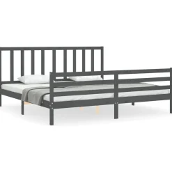 Rama łóżka z wezgłowiem szara 200x200 cm lite drewno