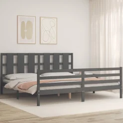 Rama łóżka z wezgłowiem szara 200x200 cm lite drewno