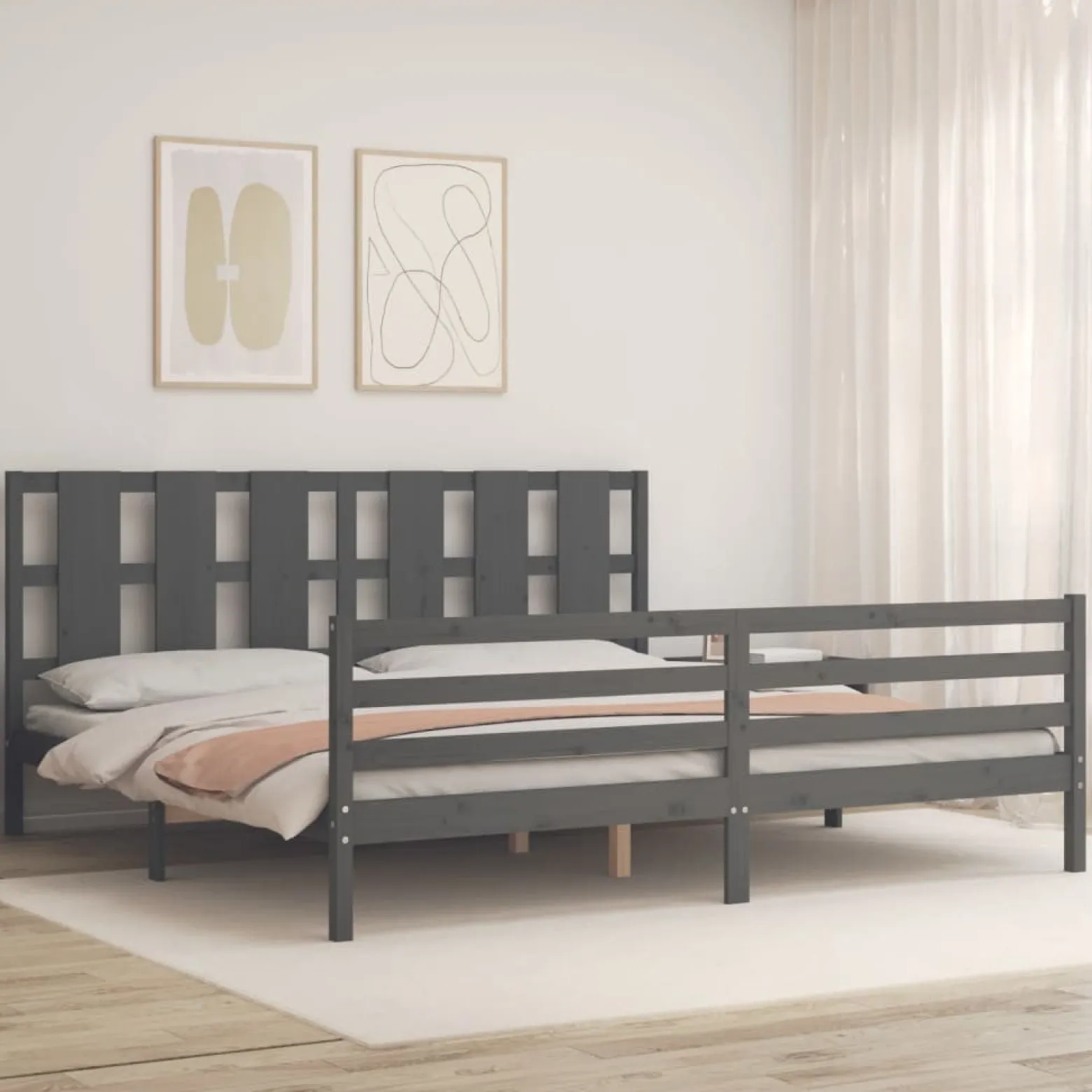 Rama łóżka z wezgłowiem szara 200x200 cm lite drewno