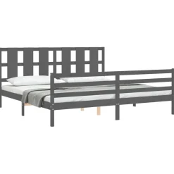 Rama łóżka z wezgłowiem szara 200x200 cm lite drewno