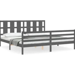 Rama łóżka z wezgłowiem szara 200x200 cm lite drewno