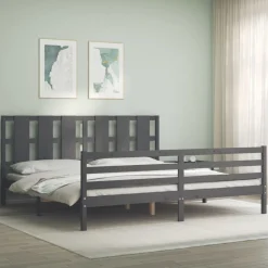 Rama łóżka z wezgłowiem szara 200x200 cm lite drewno
